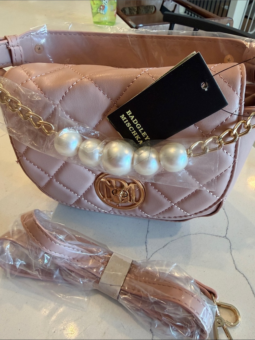 Badgley Mischka Quilted Pearl-Chain Crossbody Bag - Blush
